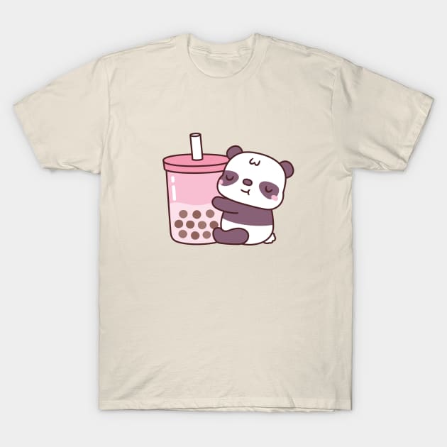 Cute Panda Hugging Strawberry Milk Tea T-Shirt by rustydoodle